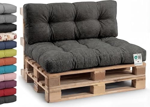 Gutekissen® Palettenkissen Cord, Gartensofakissen, Gesteppte Kissen gefüllt mit granuliertem Poulirette-Schaum PPI (Eckkissen 60x40, Schwarz-Cord)
