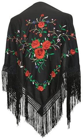 La Senorita Foulard Ceinture Chale De Danse Flamenco Broderie Frange noir Roses rouge