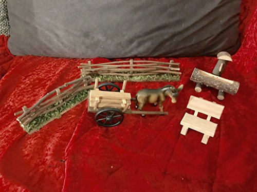 Juego de accesorios para belén con burro, pozo, 2 vallas y banco para figuras de 10-14 cm