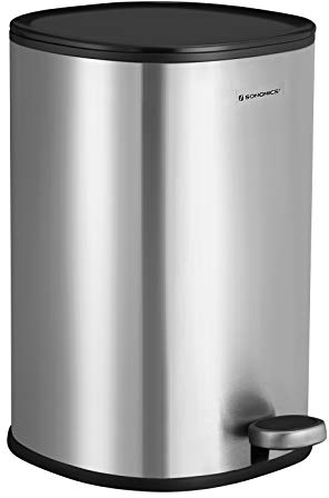 SONGMICS Rubbish Bin, 5 L Bathroom Bin, Steel Pedal Bin, with Inner Bucket, Soft-Close Lid, and Handle, for Bathroom, Toilet, Silver and Black LTB14NL