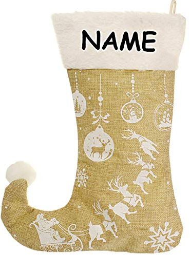 alles-meine.de GmbH XL - Weihnachtssocke & Weihnachtsstrumpf - inkl. Name - Weihnachtsmann & Rentier Schlitten - 45 cm - weiß - zum Aufhängen - Nikolausstiefel - Nikolausstrumpf ..