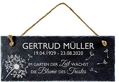 Casa Vivente Schiefertafel mit Gravur für das Grab, Tafel mit Inschrift Personalisiert mit Name und Datum, Blume des Trostes, Trauer Türschild mit Juteband, Dekoration