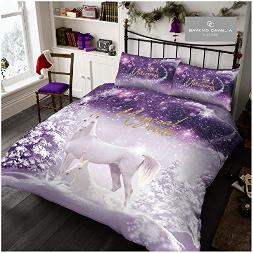 GC GAVENO CAVAILIA Luxury Quality Xmas Be A Unicorn Christmas Duvet Cover, Premium Soft & Cosy Shiny Quilt Set Bedding, Double, Purple