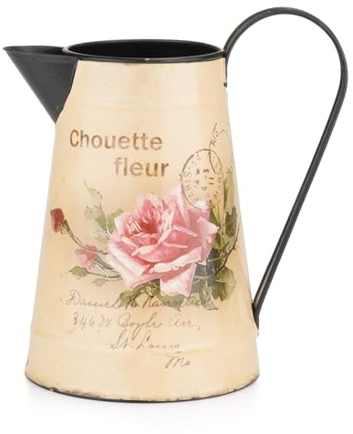Moritz Deko Gießkanne 20 cm Beige-Rose – Blechkanne Chouette Fleur Rosen | Pariser Poststempel, Vintage Schriftzug, schwarzer Henkel, Metallkanne, Trockenblumen Vase, Landhausstil, nicht wasserdicht