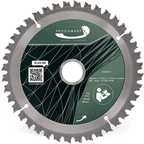 PRODIAMANT Sägeblatt 136mm x 20mm für Holz, Metall & Alu kompatibel mit Tauchsäge, Kappsäge & Kreissäge Kreissägeblatt 136 mm mit hochwertigen Hartmetall Zähnen