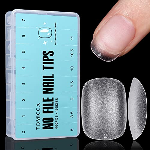 TOMICCA 450Pcs Extra Short Oval Nail Tips - No-File Matte Tips, 15 Sizes | Double-Sided Matte, Soft Gel Full Cover, Soak Off Press on Tips for Extensions, Salon & Home Kit with Storage Box