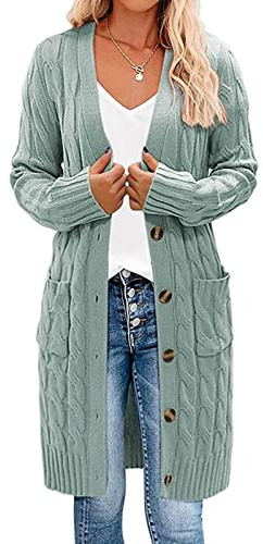 SAXTZDS långärmad kabelstickad lång cardigan öppen framsida knapp tröja ytterkläder, ljusgrön, M