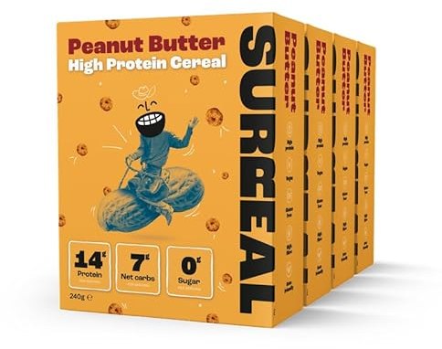 Surreal Peanut Butter - High Protein Cereal - Zero Sugar- Healthy Plant Based Cereal - High in Fibre - Low Carb - Gluten Free - Vegan - 14g of Protein, 0g of Sugar - 240g per Box - 4 Pack (4 x Peanut)