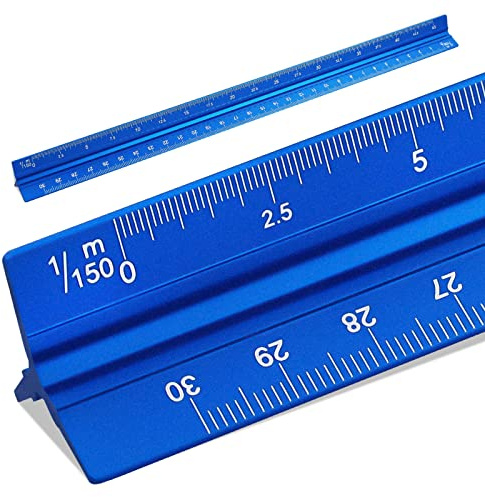 SZXMDKH Righello triangolare di scala da 30 cm, righello in metallo per architetti, 1/20, 1/25, 1/50, 1/75, 1/100, 1/150 (blu)