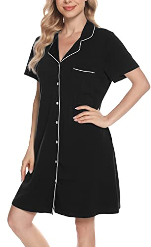 Vlazom Chemise de Nuit Femmes Court avec Boutonnée Devant Nuisette Femme été à Manches Courtes Tee Shirt Sexy Femme,XXL,A-Noir