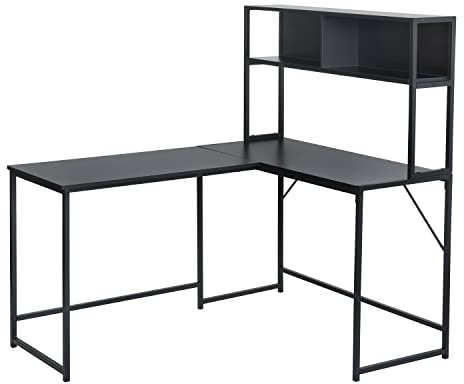 HOMYLIN L-formad hörnskrivbord stort skrivbord, för gaming, med 2 metallhyllor modern stil, minimalism totalt svart, trä, 138 x 110 x 75–135 cm