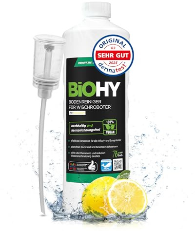 BiOHY Nettoyant de sol pour robot aspirateur laveur (Bouteille de 1l) + Distributeur | concentré pour tous les robots d'essuyage et d'aspiration à fonction humide (Wischroboter Frisch)