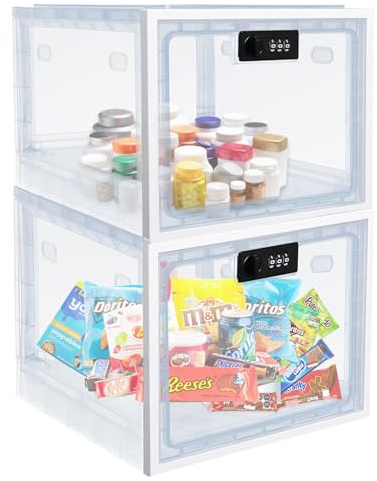 Gekufa Scatola con Serratura dei Medicinali 2 Pezzi, Grande Trasparente Contenitore con Serratura per Farmaci, Snack, Telefoni Cellulari, Scatola con Serratura a Chiave (Bianco)