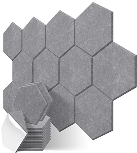 JBER 12 Pack Sechseck-Akustik-Paneele, Schallschutzschaum selbstklebend, 30 X 26 X 1cm High-Density-Akustik-Wandpaneele für Studio, Heimbüro (grau)