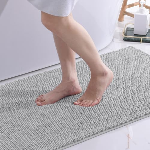 OLANLY Chenille badrumsmatta halkfri, mjuk och absorberande, 60 x 120 cm, ljusgrå | Tvättbar mjuk badmatta, absorberande duschmatta, badrumsdekoration, ljusgrå
