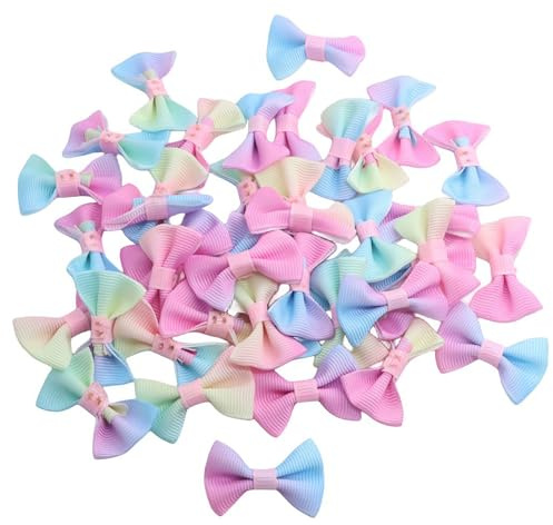 Hezhou 50 Stück Regenbogenband Mini Schleife Dekoration Diy Mini Satinband Schleifen Schleife aus Netzgarn für Nähen, Hochzeit Deko, Karten, DIY Basteln, Parfümflasche, Flasche Dekoration