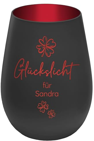 Graviertes Windlicht Glückslicht - personalisierbar mit Wunschtext - Schwarz/Rot - Höhe 12 cm - Geschenk Teelichthalter Kerzenglas