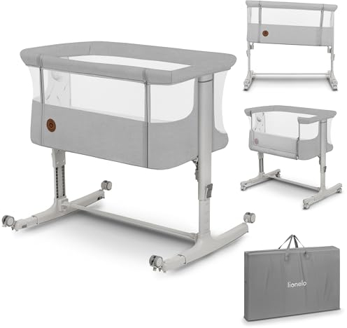 Lionelo Aurora 3 in 1 Babybett bis 9 kg, Beistellbett, Wiege, Höhenverstellug und Einstellung der Neigung der Matratze, 4 Räder mit Bremse Ergonomische Matratze Tasche