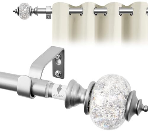 Deconovo Heavy Duty Silver Curtain Poles 168-305cm with Translucent Finials, Metal Extendable Splicing Curtain Pole Set, Adjustable Sturdy Door Curtain Rail, Silver Grey