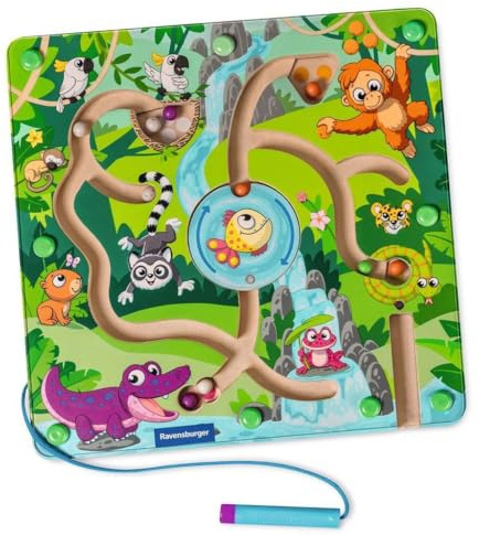 Ravensburger 4873 Play+ magnetisk trälabyrint: djungel, tränar finmotorik, skicklighet och färgigenkänning, resesällskap, pedagogisk träleksak för barn från 18 månader
