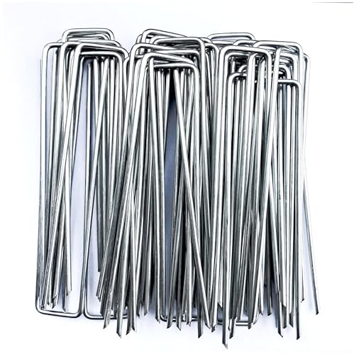 HAORONG Clavijas de jardín galvanizadas en forma de U, 150 mm, clavijas de tierra para membrana de control de malezas, tela de red de césped artificial, estacas de tierra (50)