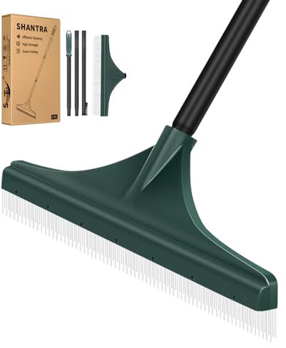 SHANTRA Rastrillo de césped artificial de 3 secciones con mango de acero ligero, cepillo de césped para limpiador de alfombras con diseño ergonómico, cepillo de escoba de césped para hojas de césped y