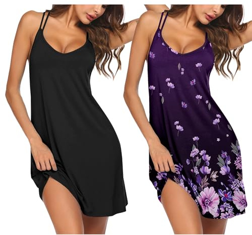 Ekouaer 2 Pack Women's Racerback Sleeveless Nightgown Sexy Ladies Sleepdress Spaghetti Strap Pajama Dress V Neck Sleep Dress Backless Elegant Sleepwear Daily Wear Cami Night Shirt