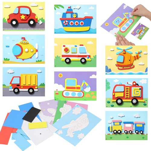 Tikplus 12 Stück Bastelset Kinder Automotive, Schaum Puzzle Bastelset Fahrzeuge, Bastelhandwerk Kinder mit 3d-Aufkleber, Selbstklebend Moosgummi Kunstsets für Jungen Mädchen ab 4 Zeichnungs DIY