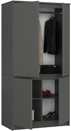 BDW 4-dörrars garderob - Stor kapacitet - Elegant, mångsidig design - Universellt användbar - För sovrum, vardagsrum, kontor - 90 cm - med 4 hyllplan - Grå