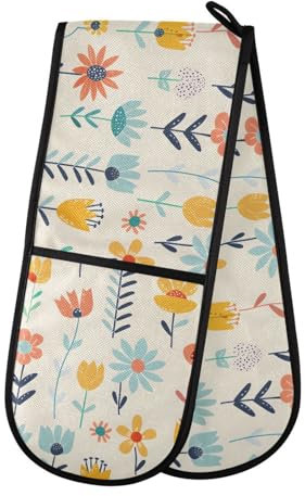 Oven Gloves Double Oven Gloves Flower Yellow Oven Mitts Pot Holder Heat Resistant Quilted for BBQ Baking Kitchen Cooking Gloves