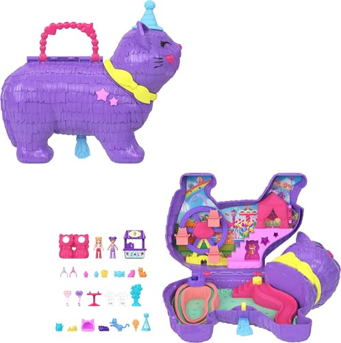 Polly Pocket Micro Puppen & Spielset mit 23 Überraschungszubehör inklusive Haustieren, Geburtstagsfeier Feier Kitty Spielset, Riesenradfahrt