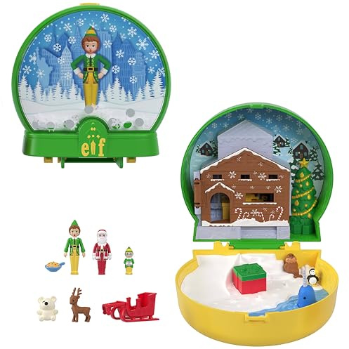 Polly Pocket Coffret Elfe en partenariat avec Le Film, Mini-Figurines et Coffret sur Le thème des fêtes, 6 Accessoires à thème, Mini-Figurines de Buddy, père Noël et Papa Elfe, JGT05