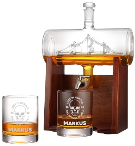 polar-effekt Whisky Segelschiff Karaffe & Gläser mit Totenkopf Gravur - Geschenk zum Jubiläum & Geburtstag - Dekanter & Whiskygläser Set für Scotch, Bourbon & Rum
