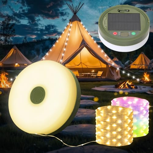 Yizhet Solar Camping Belysning String, 10 m Led Snurrande Krans med LED Varm Vit och Färgrik, 8 Lägen Uppladdningsbar USB Vattentät IPX4
