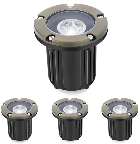 Gardencoin Brass Low Voltage Landscape Well Lights (5 Cover, 5.5 Tall), 12V LED Wired In-Ground Outdoor Up Lighting Fixture Waterproof, Adjustable Beam Direction Base, Without MR16 Bulb (4 Pack)