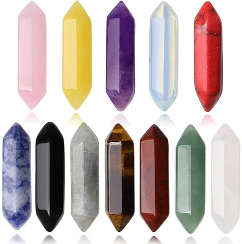 XIANNVXI 12 Pcs Pointes de Cristal de Guérison,Baguettes de Cristal,Pierres Précieuses en Cristal de Quartz Rose Améthyste Obsidienne,Cadeaux en Cristal pour Femmes