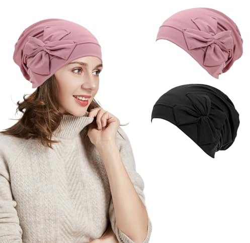 GYYXH 2 Stück Chemo Beanie Damen, Leichte Sommer Kopfbedeckung mit Schleife | Weicher Polyesterstoff, Einheitsgröße, atmungsaktiv für Sommer, Rosa & Schwarz, ideal bei Haarverlust und Schlafen