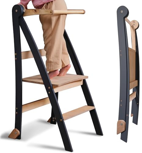 Wooden Montessori Foldable Toddler Tower – Space-Saving Step Stool for Children with Anti-Tip Protection, Stool for Children, Foldable Kids' Step Stool