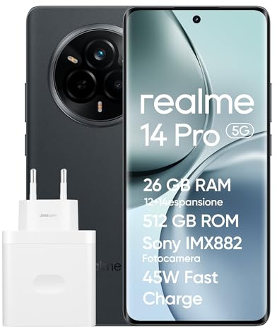 realme 14 Pro 5G Smartphone, 12+512GB, Fotocamera Sony IMX882 OIS da 50MP, Display Curvo 120Hz, Impermeabile IP69, Batteria 5260mAh, Ricarica Rapida 45W SUPERVOOC, Grey(con adattatore)