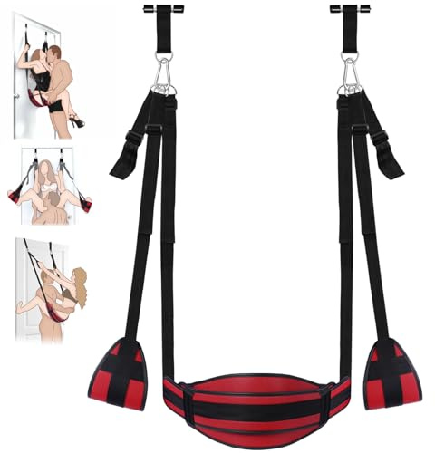 Sex Swing BDSM Bondage Restraints Door Sex Swings, PU Leather Soft Plush Sex Slings with Adjustable Straps, Hanging Door Handcuffs Leg Restraints Spreader Kinky SM Adult Sex Toys for Couple, Red