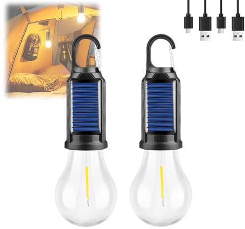 Lumière solaire rechargeable avec crochet - Ampoule extérieure 3 modes, étanche IPX5, USB/charge solaire pour camping, tente et urgences - Lampe torche portable avec crochet réglable (2 pièces)