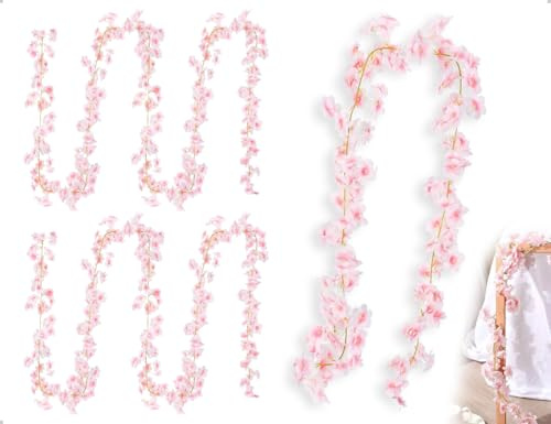 Emezddo 2 Stück Künstliche Kirschblüten Girlande,Blumengirlande Deko,Blumenranke,Kirschblüten Deko,verwendet für Hochzeit,Party, Haus,Wand,Garten(Hellrosa)