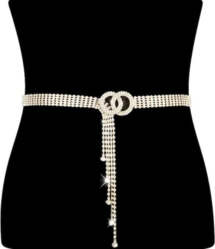 louuuou Gold Belt Women, Gold Chain Belts for Women, Adjustable Ladies Belts for Dresses Sparkle Crystal O Ring Waist Chain Belt Match for Jeans Dresses Coats