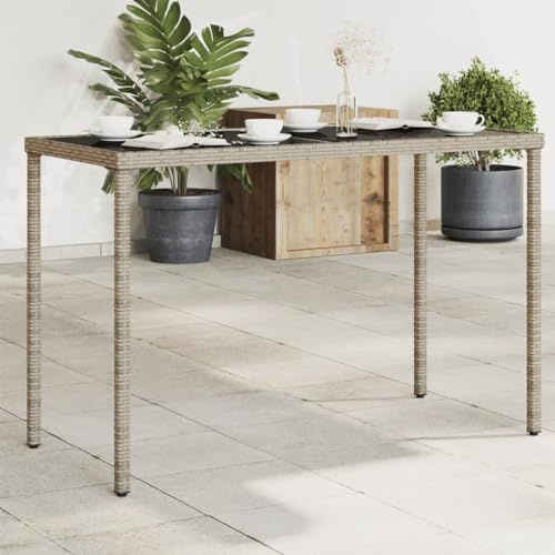 HaoChrymec Gartentisch mit Glasplatte Grau 115 x 54 x 74 cm, PE-Rattan und pulverbeschichteter Stahl, Wetterfest, Loungetisch Outdoor, Beistelltisch Garten, Balkon Tisch
