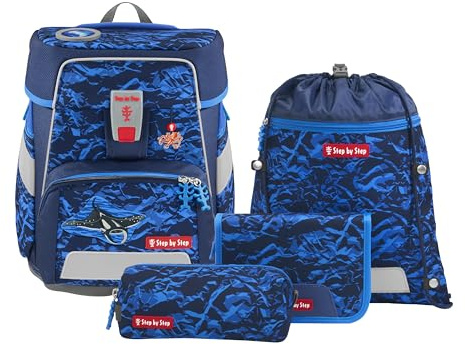 Step by Step SPACE Schulranzen-Set Manta Rio, 5-tlg., blau, 20 l, Ergonomisches Schulranzen-Set im Unterwasserwelt-Design mit Reflektoren und Hüftgurt