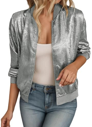 Bomberjacke Damen Kurze Glitzer Blouson Jacke Leichte Sweatjacke mit Reißverschluss Pailletten Pilotenjacke Stehkragen Outwear Coat Langarm Zip Up Übergangsjacke Fliegerjacke Karneval Party Kostüm