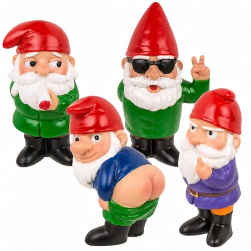 MIJOMA Freche Gartenzwerge Set – 4 Mini-Zwerge aus Polyresin ca. 4,5 x 7 cm – Witzige Schreibtisch Deko Figuren für Zimmerpflanzen Bad Balkon Büro – Lustige Mitbringsel für Erwachsene