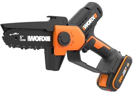 WORX WG326E Mini Motosierra 12cm 20V 2Ah PowerShare, una Mano | Cambio de cadena sin herramientas, doble protección de seguridad, cargador 1h incluido, compatible 20V/40V