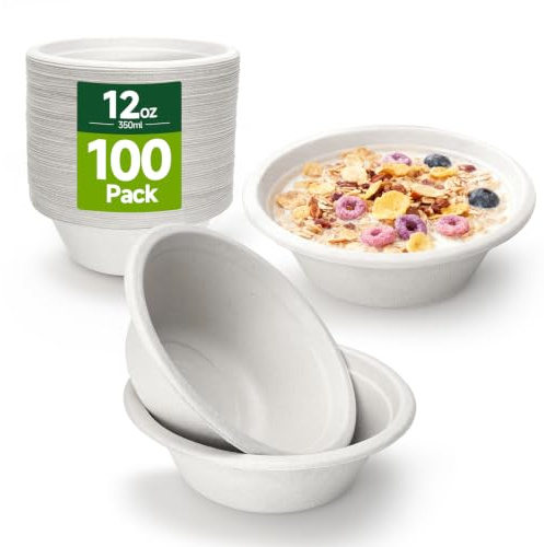 100 Pack 12oz Paper Bowls White Disposable - Compostable & Biodegradable | Heavy Duty, Sugarcane Fiber Bowls, Leakproof, Microwave Safe, Oil Resistant, Eco-Friendly, Soup/Salads/Pasta/Ice Cream