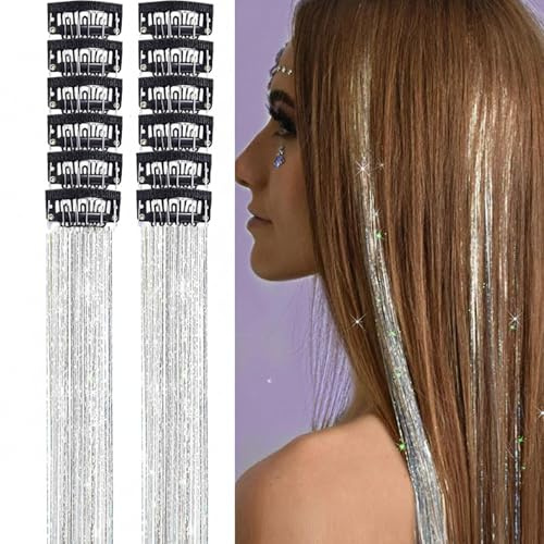 fKiZanthene Hair Tinsel Clip en plata en set con doce mechones, mechones de pelo de fibra sintética para peinar, juegos y actuaciones en fiestas, escuela o casa